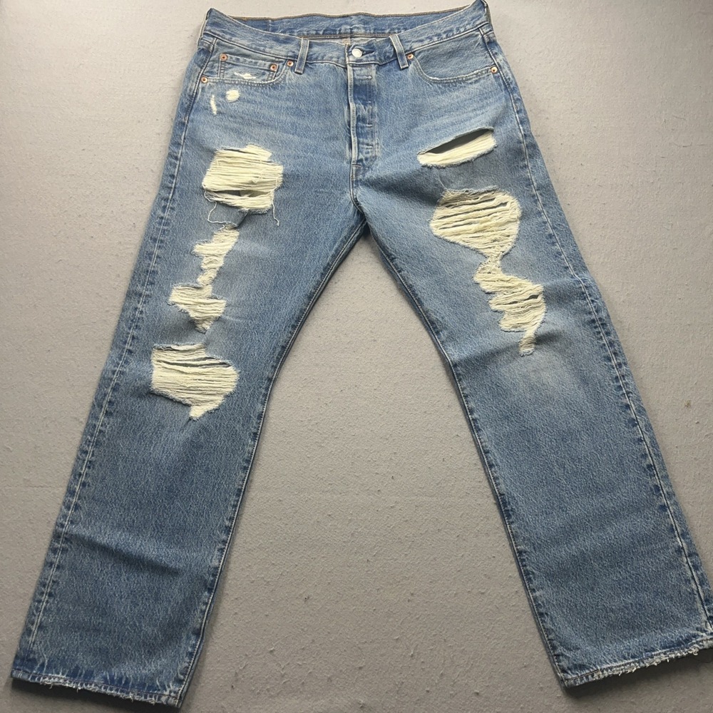 Levis 501 Heavy Distressed Jeans Mens 36x29 Blue Medium Wash Button Fly